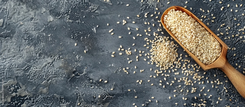 Poster sesame seeds on grey surface with wooden scoop, ideal for adding text or images - copy space image.