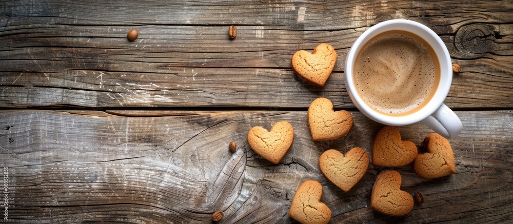 Poster top view of a coffee cup on a wooden table with heart-shaped cookies, creating a charming scene with