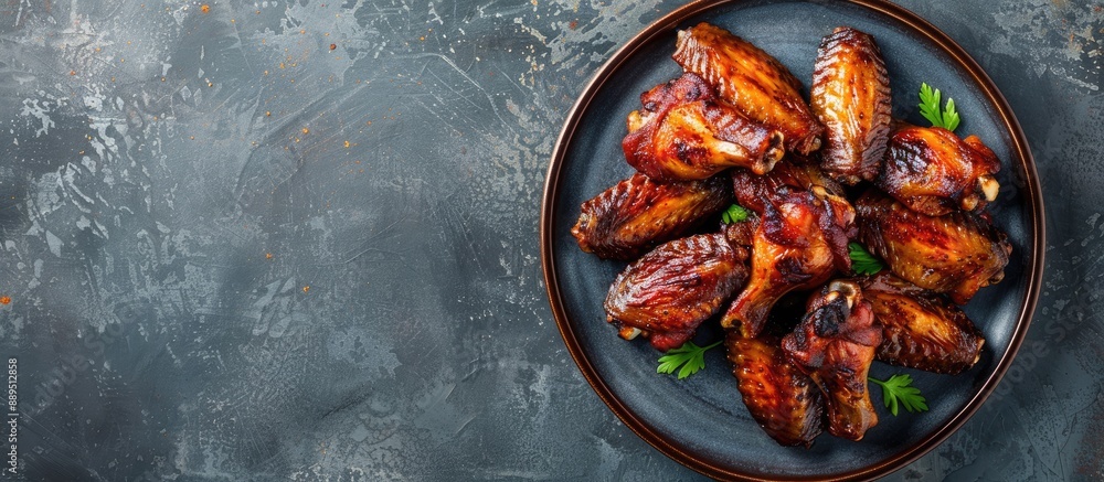 Poster top view of roasted chicken wings arranged on a plate with ample copy space image.