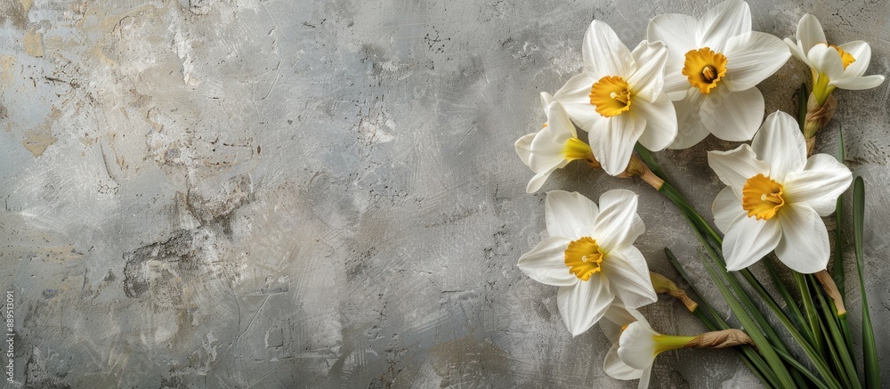 Poster narcissus bouquet on a gray plaster background with room for text in the image. image with copy spac