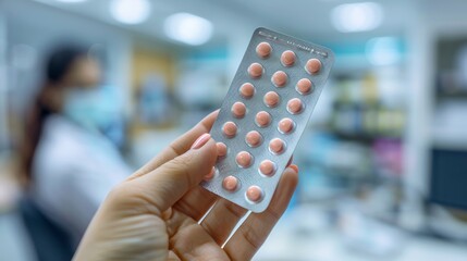 Woman's hand displaying a pack of birth control pills with a doctor's office setting in the background