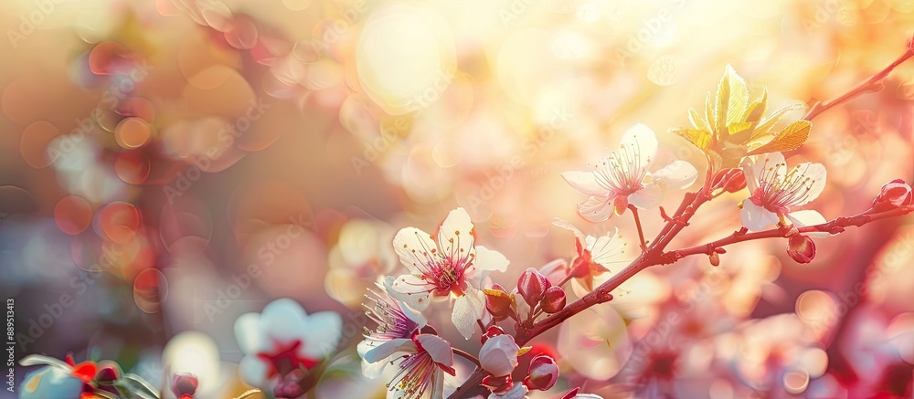 Poster spring background with selective focus on twigs of flowering fruit trees, toned for a copy space ima