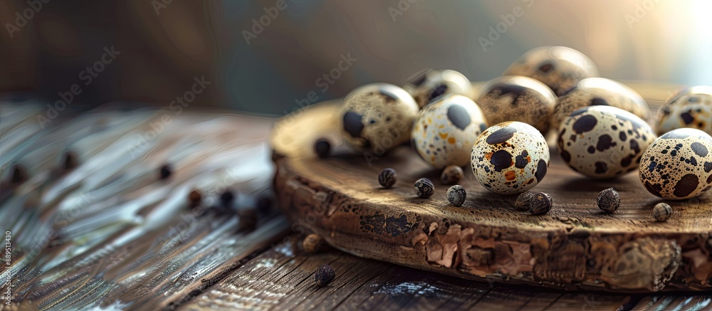 Poster quail eggs on a rustic wooden board, offering room for text in the image. image with copy space
