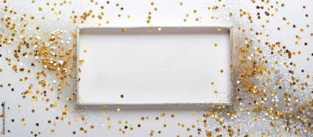 Poster isolated on a white backdrop, a square frame made of gold and silver glitter paper stands out with a