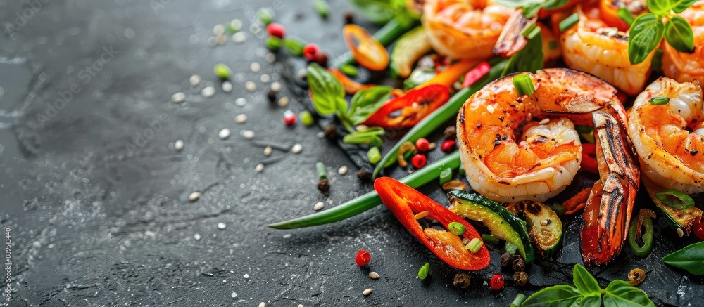 Poster grilled shrimps served with vegetables and spring onions in a close-up copy space image.