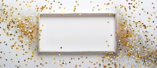 Isolated on a white backdrop, a square frame made of gold and silver glitter paper stands out with a shiny and festive appearance, perfect for adding a photo with copy space image.