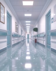 Obraz premium Hospital hallway, reception clinic in background, soft focus, bright and clean, wideangle view, calm and sterile medical setting