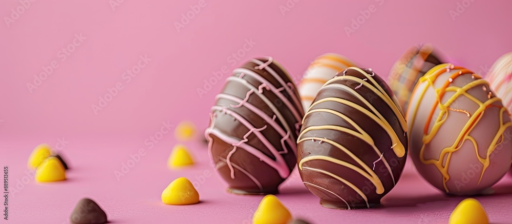 Poster tempting chocolate eggs on a bright backdrop with copy space image.