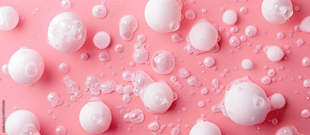 Poster pink background with white foam balls in a flat lay arrangement, creating a copy space image.