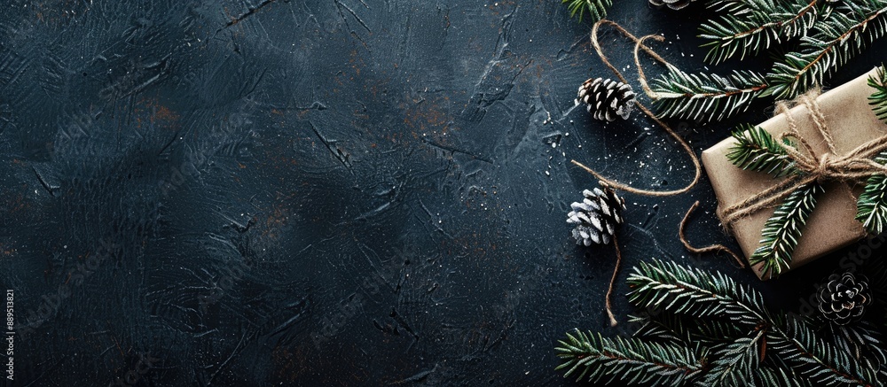 Poster top view of a christmas-themed dark grunge background with fir twigs, a frame made of pine tree bran