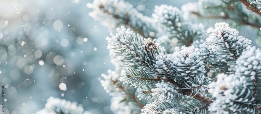 Poster snow-covered frozen pine tree branches with copy space image.