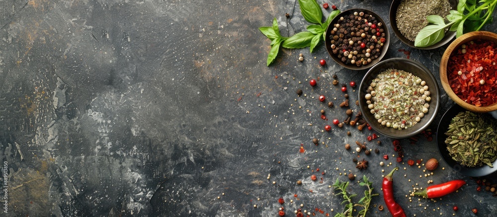 Poster top view of assorted spices and herbs on a stone surface, perfect for adding your recipe, providing 