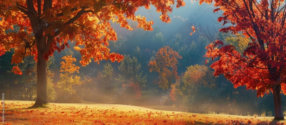 Aufkleber maple trees displaying vibrant autumn leaves in a beautiful landscape with a copy space image.