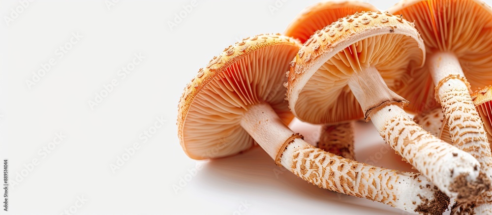 Poster mushrooms without moisture shown on a white backdrop to allow for copy space image.