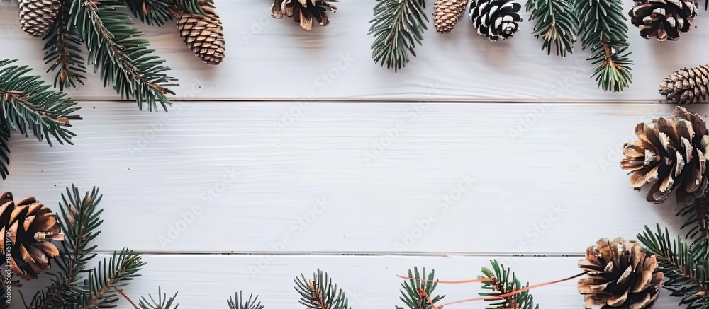 Poster round frame constructed from coniferous twigs and pine cones on a white wooden backdrop, with a copy