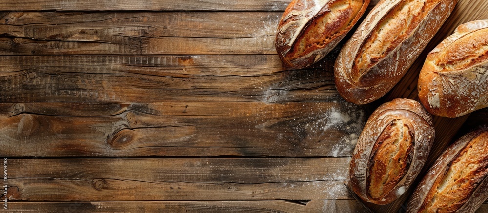 Poster rustic wooden background with freshly baked homemade loaves of bread, providing space for adding tex
