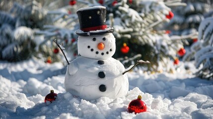 Obraz premium Traditional snowman with a carrot nose, coal eyes, and a top hat, standing in a snowy yard with Christmas decorations