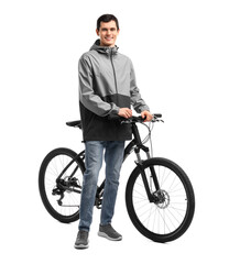 Smiling man with bicycle isolated on white