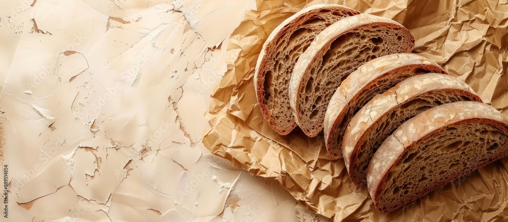 Poster top view of rye bread slices on crumpled paper against two-tone backdrop, with copy space image incl