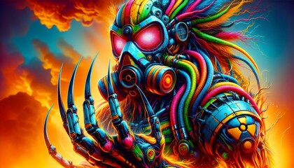 Epic Fantasy Illustration of a Nuclear Disaster with Gas Masks, Claws, and Nuclear Symbols in Vibrant, Psychedelic Colors