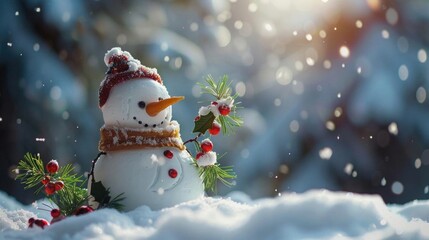Obraz premium Snowman holding a mistletoe, inviting holiday cheer and festive kisses in a snowy scene