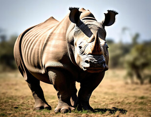 Fototapeta premium rhinoceros in the wild. looks at the camera.