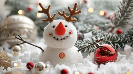 Snowman dressed as a reindeer, complete with antlers and a red nose, in a whimsical holiday setting