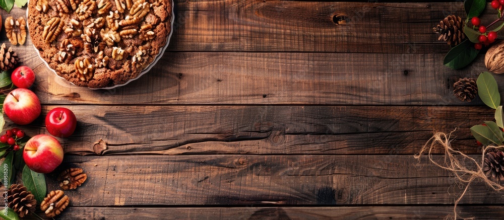 Poster rustic wooden backdrop for a homemade cinnamon apple cake topped with walnuts, featuring a spacious 
