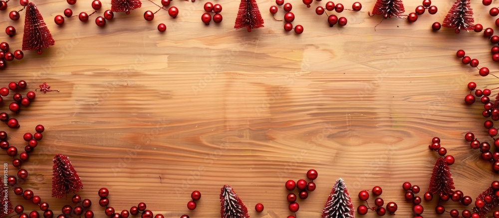 Poster light wooden background adorned with red christmas tree beads along the edges creates a festive chri