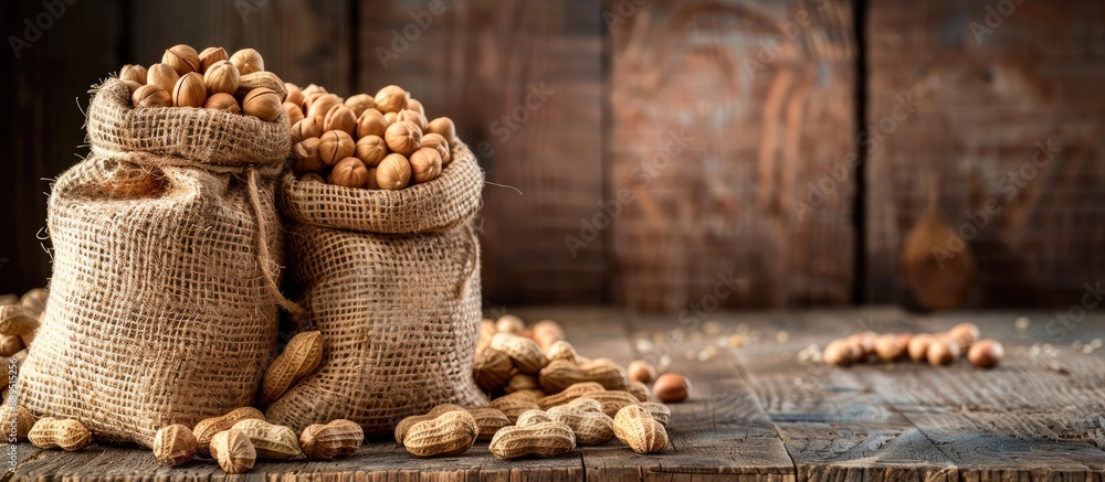 Poster peanuts in bags with a copy space image in the background.