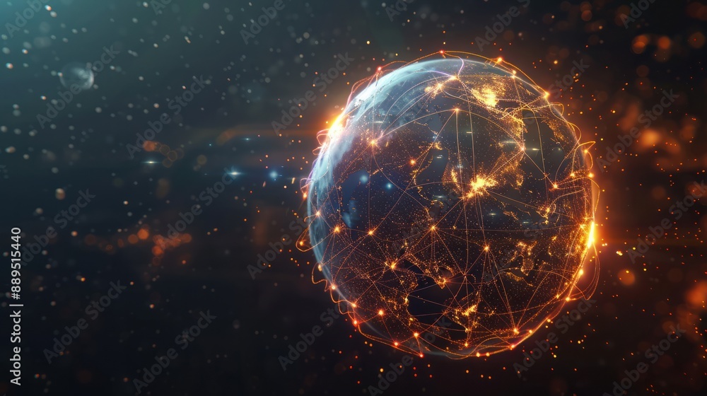 Poster planet with glowing neural connections in dark space. digital illustration depicting global network 