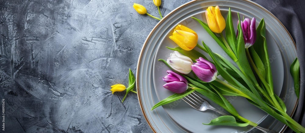 Poster top view of a spring-themed easter table setting featuring vibrant yellow and purple tulips on a gre