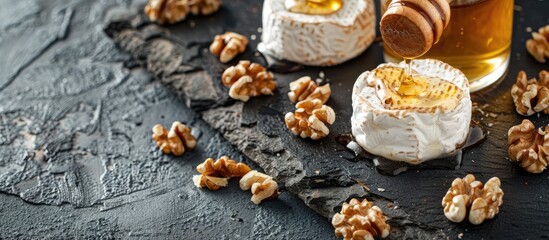 Fototapeta premium Honey-drizzled goat cheese and walnuts displayed on a textured dark surface offering ample copy space image.
