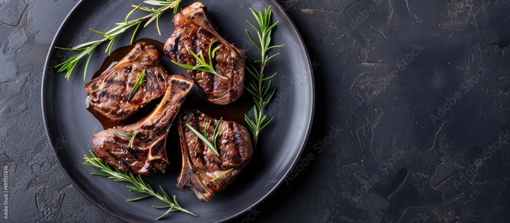 Poster grilled organic lamb chops with rosemary and aromatic herbs on a plate with a blank space for adding
