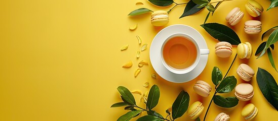 Sunny day vibes at a summer tea party with a cup of tea, macarons, lush greenery, and a yellow backdrop in a top-down view, with room for text or images. image with copy space