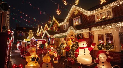 Fototapeta premium Outdoor Christmas light display, with houses decorated in twinkling lights and festive figures