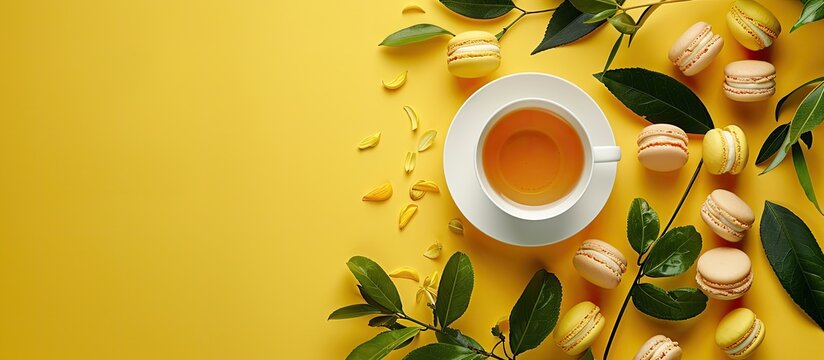 Sunny day vibes at a summer tea party with a cup of tea, macarons, lush greenery, and a yellow backdrop in a top-down view, with room for text or images. image with copy space