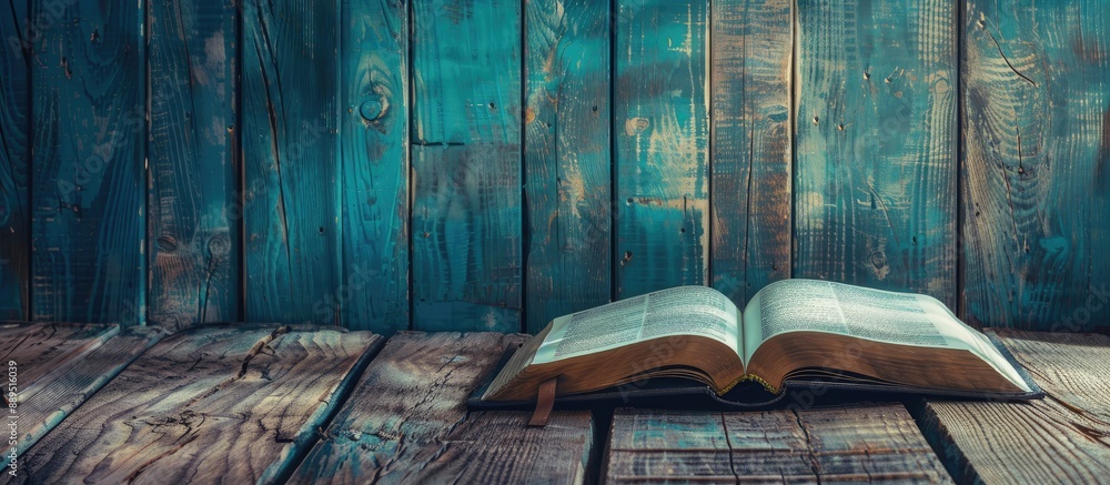 Poster vintage filter effect style enhancing an open book on an aged wooden surface with copy space image.