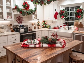 Holiday-themed kitchen with festive towels, dishes, and a decorated island, ready for Christmas baking
