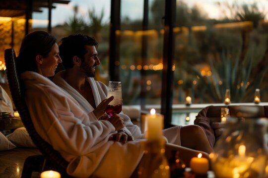 Picture a romantic evening at a spa resort, where a couple relaxes in the candlelight, enjoying a serene ambiance. Its a peaceful escape for indulgence, rejuvenation, and tranquility - Powered by Adobe