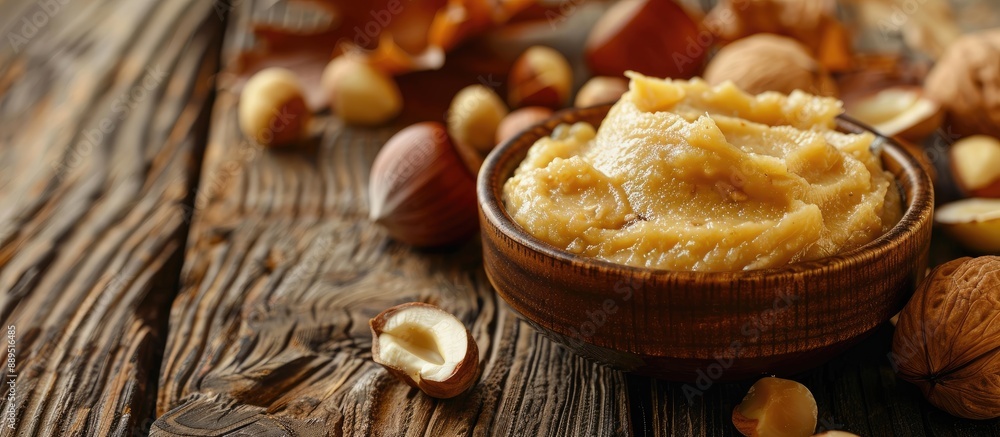 Poster hazelnut butter and nuts displayed on a wooden surface with copy space image.