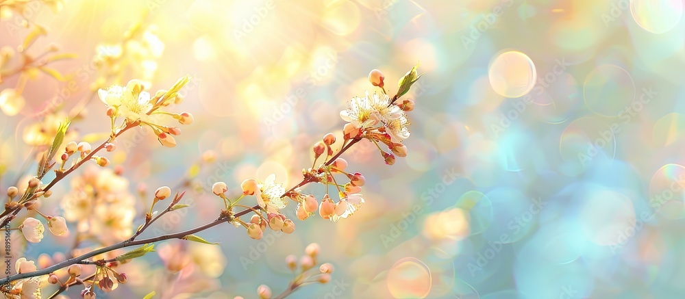 Poster spring branches with soft focus ideal for easter and spring greeting cards featuring an abstract blu