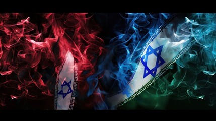 The confrontation between Israel and Iran. Israel and Iran flags in smoke shape on black background. Concept of conflict war. Generative Ai. Art Illustration