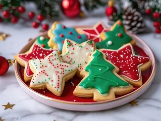 Decorated Christmas cookies on a festive plate, with colorful icing and holiday shapes like stars and trees