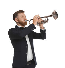 Handsome musician playing trumpet on white background