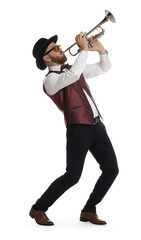 Handsome musician playing trumpet on white background © New Africa