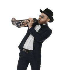 Handsome musician playing trumpet on white background