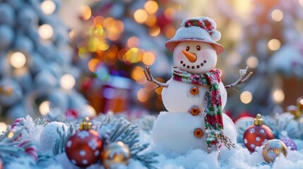 Obraz premium Creative snowman made with colorful holiday decorations, standing in a winter wonderland setting