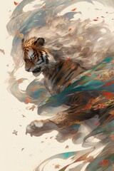 Majestic Tiger Amidst a Whirlwind of Colors
