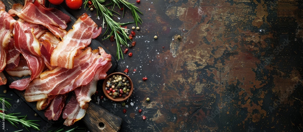 Poster fresh bacon strips as a savory pork appetizer on a rustic table with a copy space image in the backg